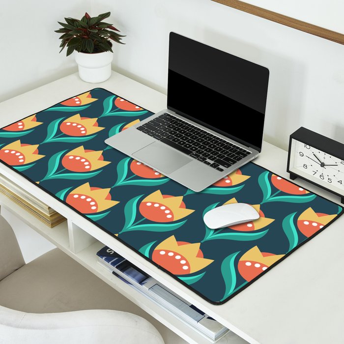 Scandinavian Floral Pattern, Teal, Orange and Mustard Yellow Retro Flowers 3 Desk Mat Gallery Image 2