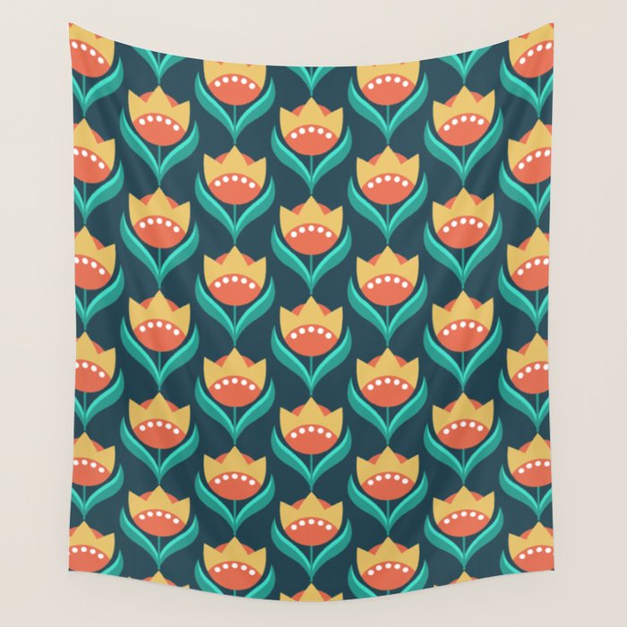 Scandinavian Floral Pattern, Teal, Orange and Mustard Yellow Retro Flowers 3 Wall Tapestry