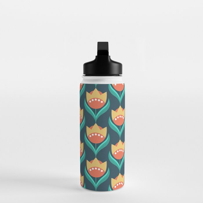 Scandinavian Floral Pattern, Teal, Orange and Mustard Yellow Retro Flowers 3 Water Bottle Gallery Image 3