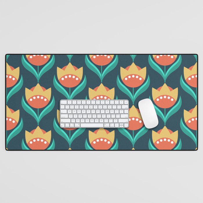 Scandinavian Floral Pattern, Teal, Orange and Mustard Yellow Retro Flowers 3 Desk Mat Gallery Image 1