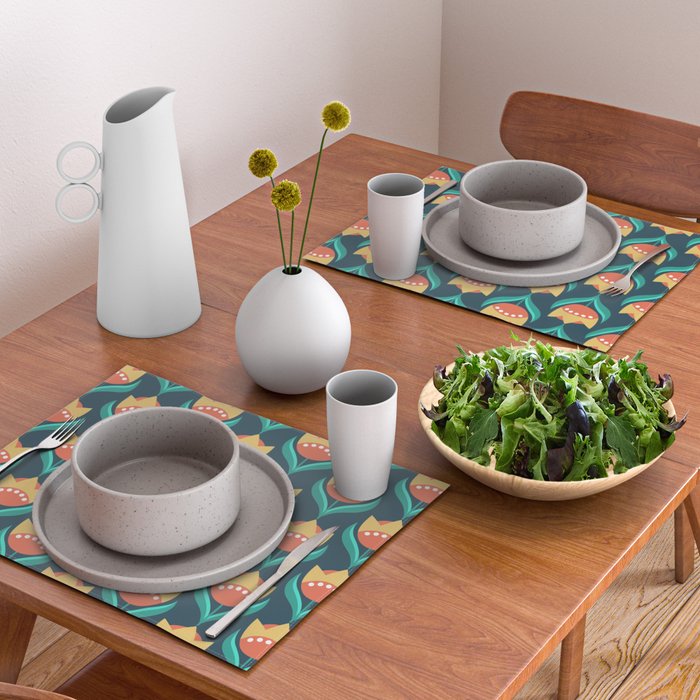 Scandinavian Floral Pattern, Teal, Orange and Mustard Yellow Retro Flowers 3 Placemat Gallery Image 2