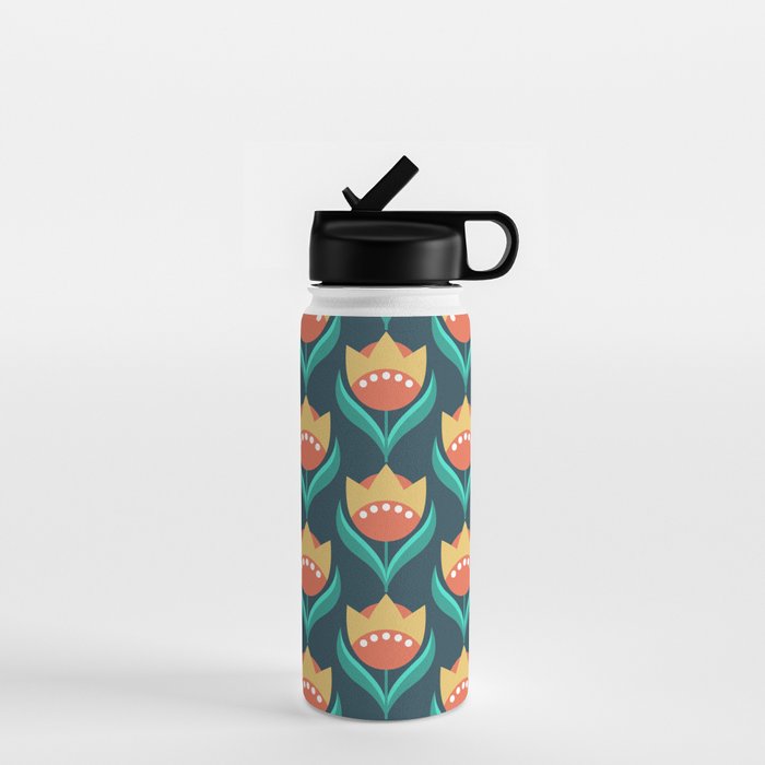Scandinavian Floral Pattern, Teal, Orange and Mustard Yellow Retro Flowers 3 Water Bottle Gallery Image 1
