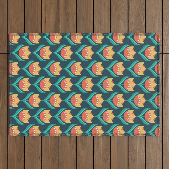Scandinavian Floral Pattern, Teal, Orange and Mustard Yellow Retro Flowers 3 Outdoor Rug