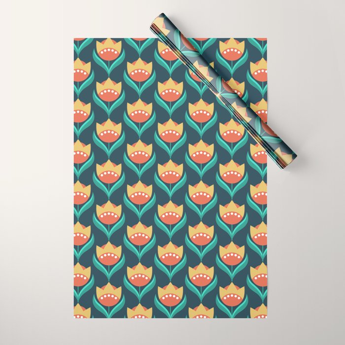 Scandinavian Floral Pattern, Teal, Orange and Mustard Yellow Retro Flowers 3 Wrapping Paper Gallery Image 1