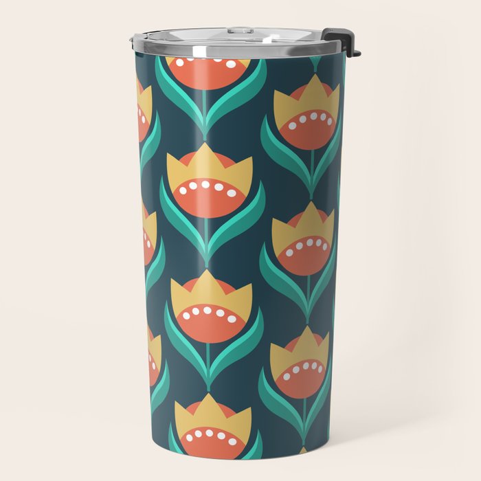 Scandinavian Floral Pattern, Teal, Orange and Mustard Yellow Retro Flowers 3 Travel Mug Gallery Image 2