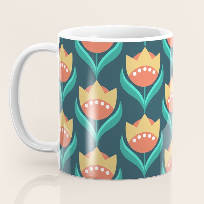 Scandinavian Floral Pattern, Teal, Orange and Mustard Yellow Retro Flowers 3 Coffee Mug Gallery Image 3