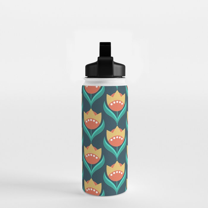 Scandinavian Floral Pattern, Teal, Orange and Mustard Yellow Retro Flowers 3 Water Bottle Gallery Image 2