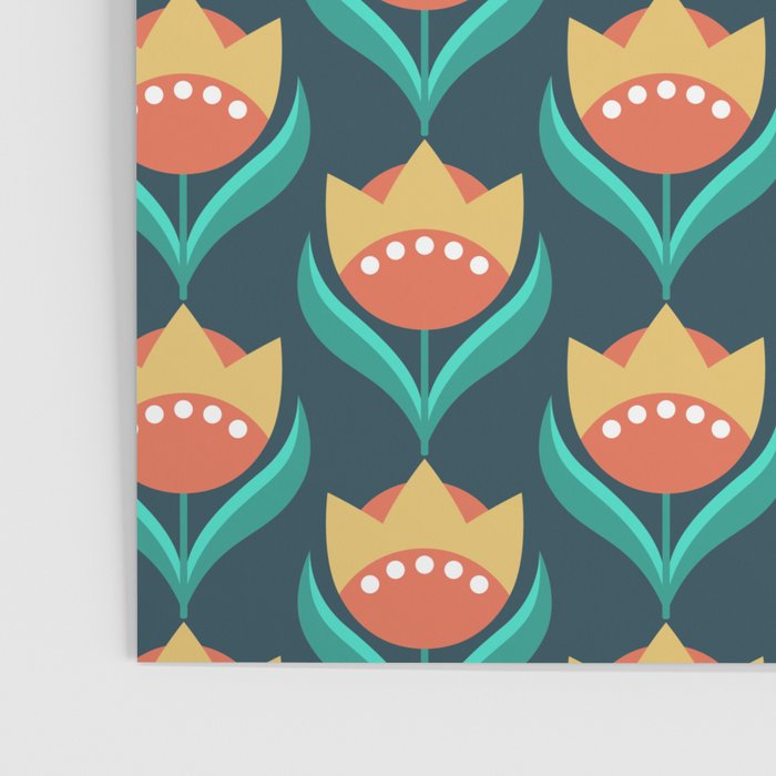 Scandinavian Floral Pattern, Teal, Orange and Mustard Yellow Retro Flowers 3 Poster Gallery Image 3