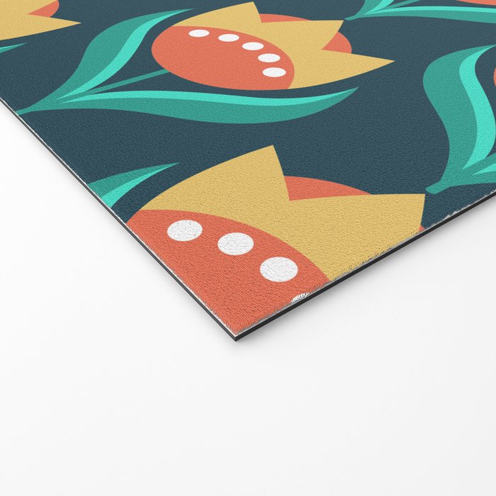 Scandinavian Floral Pattern, Teal, Orange and Mustard Yellow Retro Flowers 3 Welcome Mat Gallery Image 2
