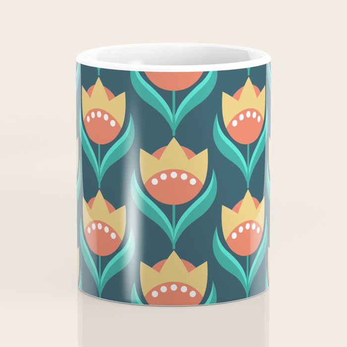 Scandinavian Floral Pattern, Teal, Orange and Mustard Yellow Retro Flowers 3 Coffee Mug Gallery Image 4