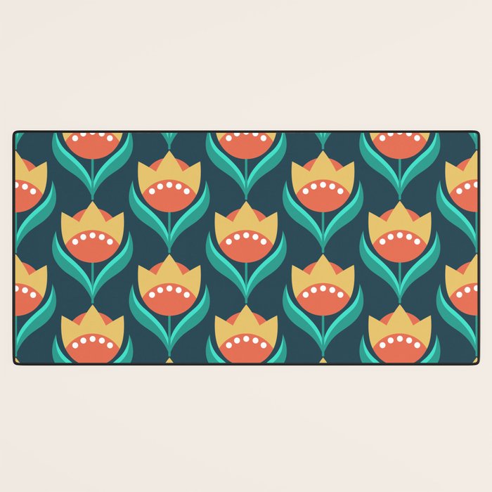 Scandinavian Floral Pattern, Teal, Orange and Mustard Yellow Retro Flowers 3 Desk Mat Gallery Image 3