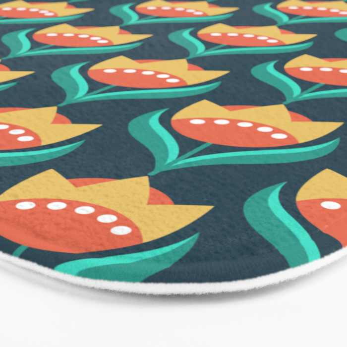 Scandinavian Floral Pattern, Teal, Orange and Mustard Yellow Retro Flowers 3 Bath Mat Gallery Image 3