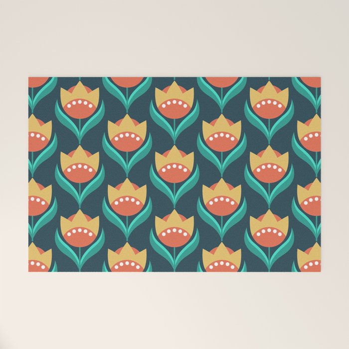 Scandinavian Floral Pattern, Teal, Orange and Mustard Yellow Retro Flowers 3 Welcome Mat Gallery Image 1