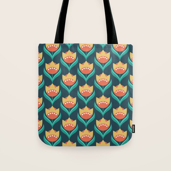 Scandinavian Floral Pattern, Teal, Orange and Mustard Yellow Retro Flowers 3 Tote Bag Gallery Image 1
