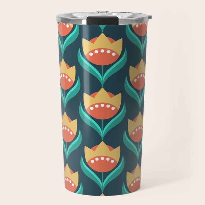 Scandinavian Floral Pattern, Teal, Orange and Mustard Yellow Retro Flowers 3 Travel Mug Gallery Image 1
