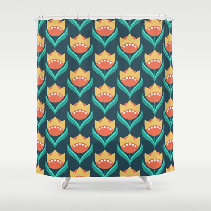Scandinavian Floral Pattern, Teal, Orange and Mustard Yellow Retro Flowers 3 Shower Curtain Gallery Image 1