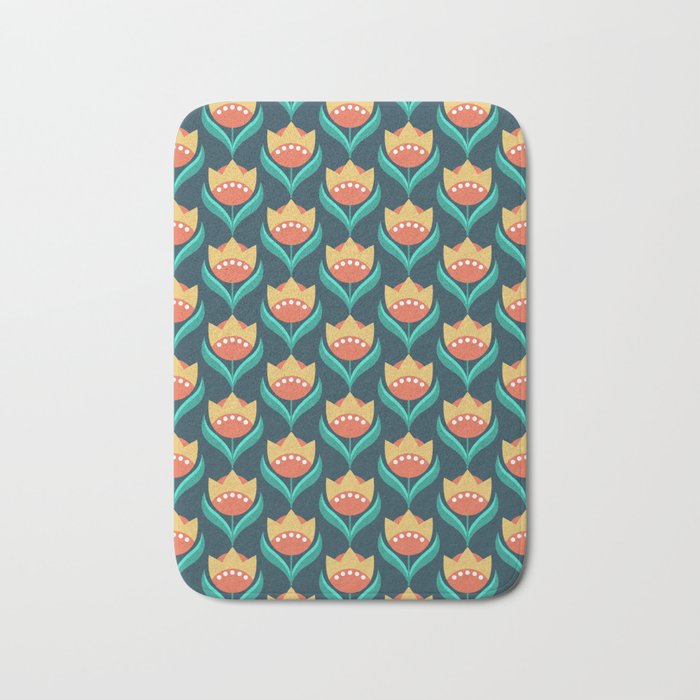 Scandinavian Floral Pattern, Teal, Orange and Mustard Yellow Retro Flowers 3 Bath Mat Gallery Image 1