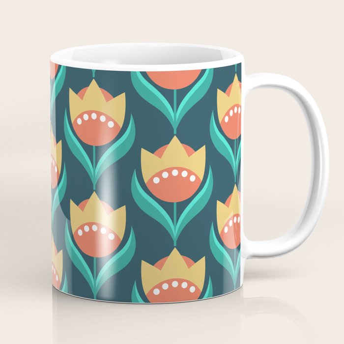 Scandinavian Floral Pattern, Teal, Orange and Mustard Yellow Retro Flowers 3 Coffee Mug Gallery Image 1