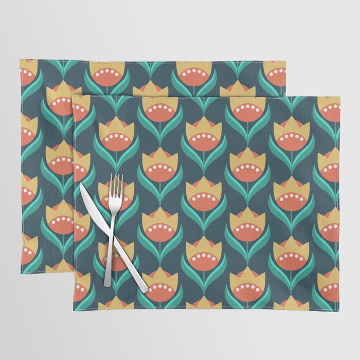 Scandinavian Floral Pattern, Teal, Orange and Mustard Yellow Retro Flowers 3 Placemat Gallery Image 1