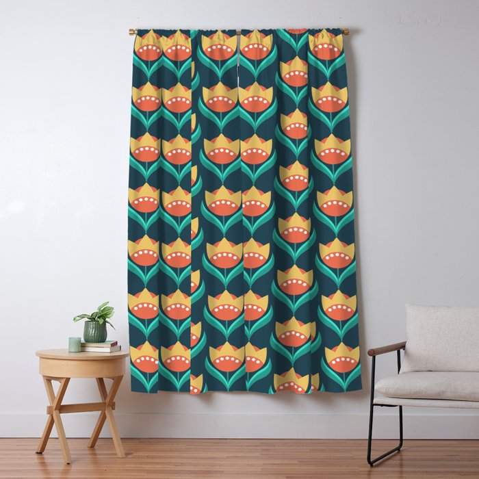 Scandinavian Floral Pattern, Teal, Orange and Mustard Yellow Retro Flowers 3 Window Curtain Gallery Image 5
