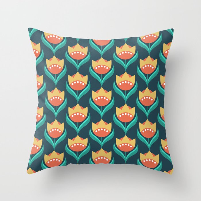 Scandinavian Floral Pattern, Teal, Orange and Mustard Yellow Retro Flowers 3 Throw Pillow Gallery Image 1