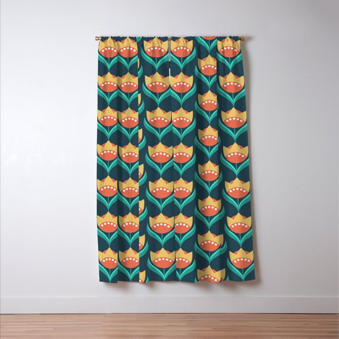 Scandinavian Floral Pattern, Teal, Orange and Mustard Yellow Retro Flowers 3 Window Curtain Gallery Image 3