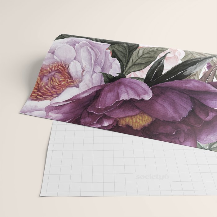 Purple Plum Pink Watercolor Peonies and Greenery Wrapping Paper Gallery Image 2