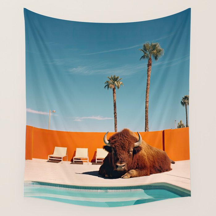 Bison By The Pool In Palm Springs Wall Tapestry Gallery Image 4