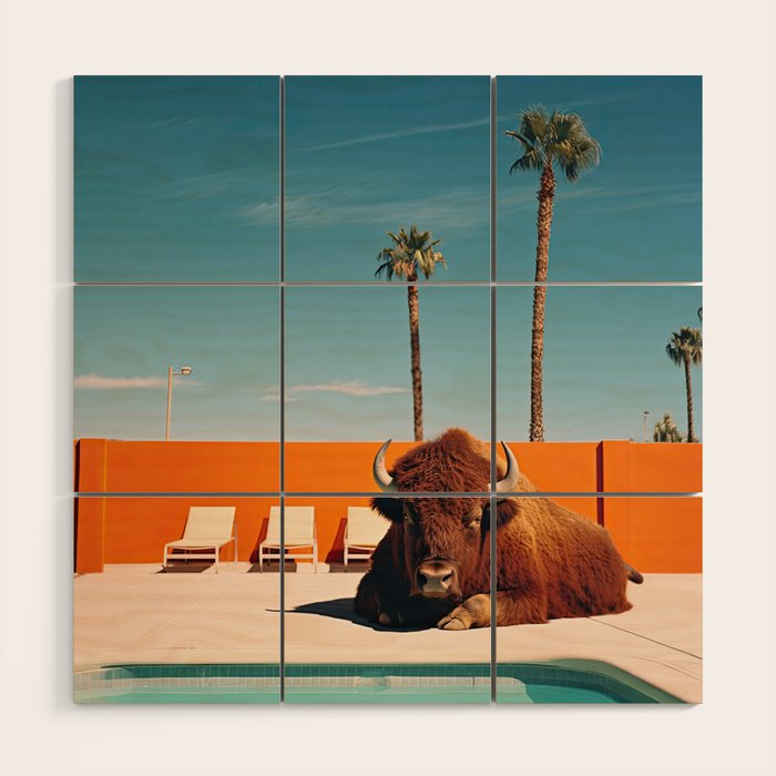Bison By The Pool In Palm Springs Wood Wall Art Gallery Image 1