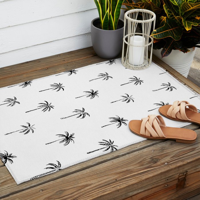Black and white tropical palm tree pattern Outdoor Rug Gallery Image 2