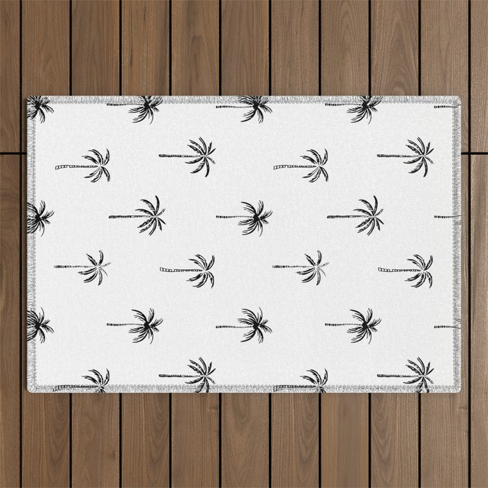 Black and white tropical palm tree pattern Outdoor Rug Gallery Image 1