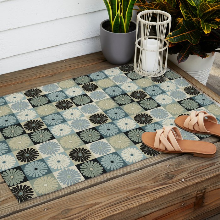 Retro Flowers Check Pattern VI Outdoor Rug Gallery Image 2