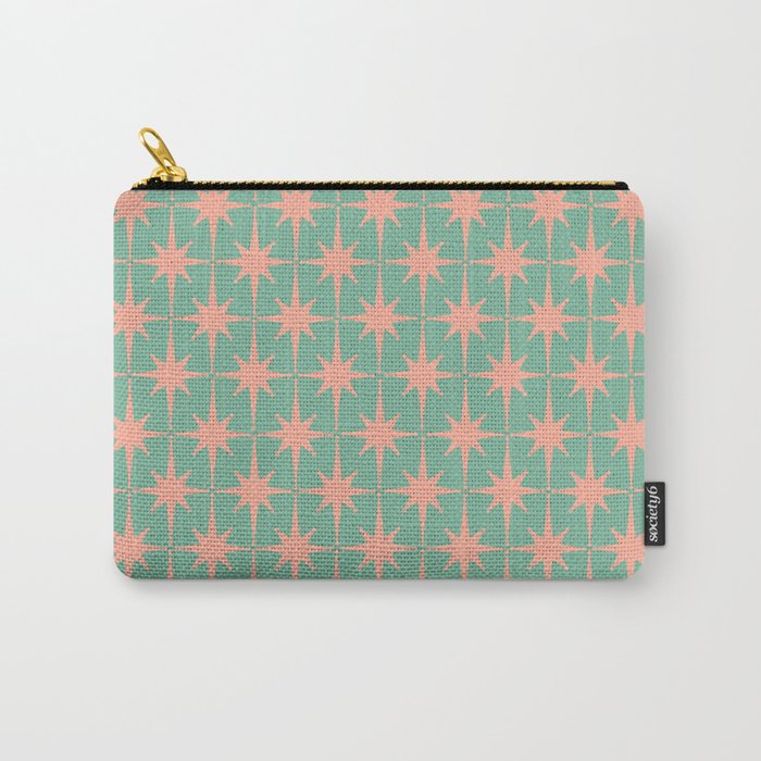 Retro Vintage Atomic Age 50s Star Pattern in Pink and Mint Teal Carry All Pouch Gallery Image 1