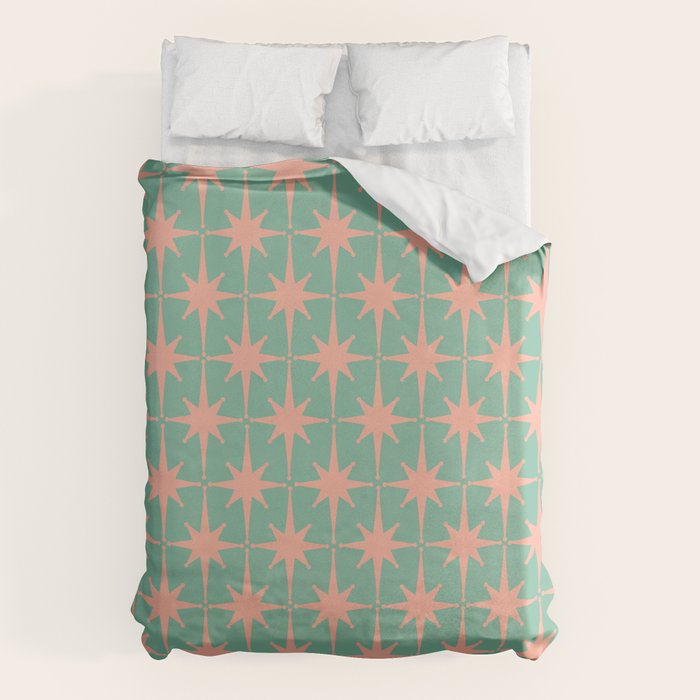 Retro Vintage Atomic Age 50s Star Pattern in Pink and Mint Teal Duvet Cover Gallery Image 6