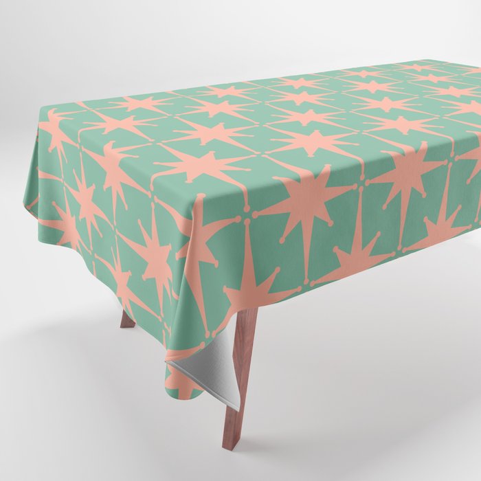 Retro Vintage Atomic Age 50s Star Pattern in Pink and Mint Teal Tablecloth Gallery Image 1
