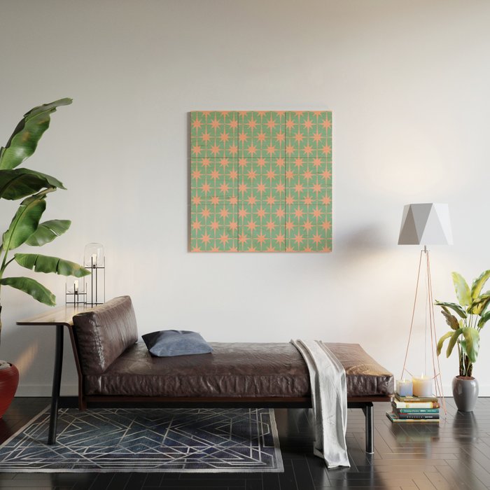 Retro Vintage Atomic Age 50s Star Pattern in Pink and Mint Teal Wood Wall Art Gallery Image 2