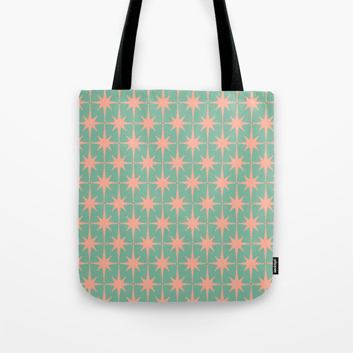 Retro Vintage Atomic Age 50s Star Pattern in Pink and Mint Teal Tote Bag Gallery Image 1