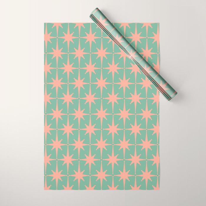 Retro Vintage Atomic Age 50s Star Pattern in Pink and Mint Teal Wrapping Paper Gallery Image 1