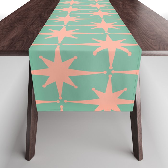 Retro Vintage Atomic Age 50s Star Pattern in Pink and Mint Teal Table Runner Gallery Image 1