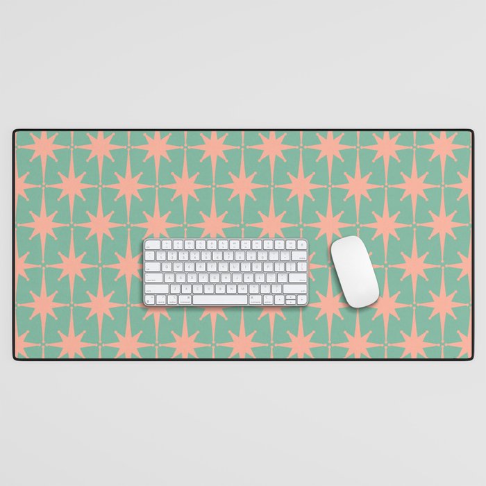 Retro Vintage Atomic Age 50s Star Pattern in Pink and Mint Teal Desk Mat Gallery Image 1
