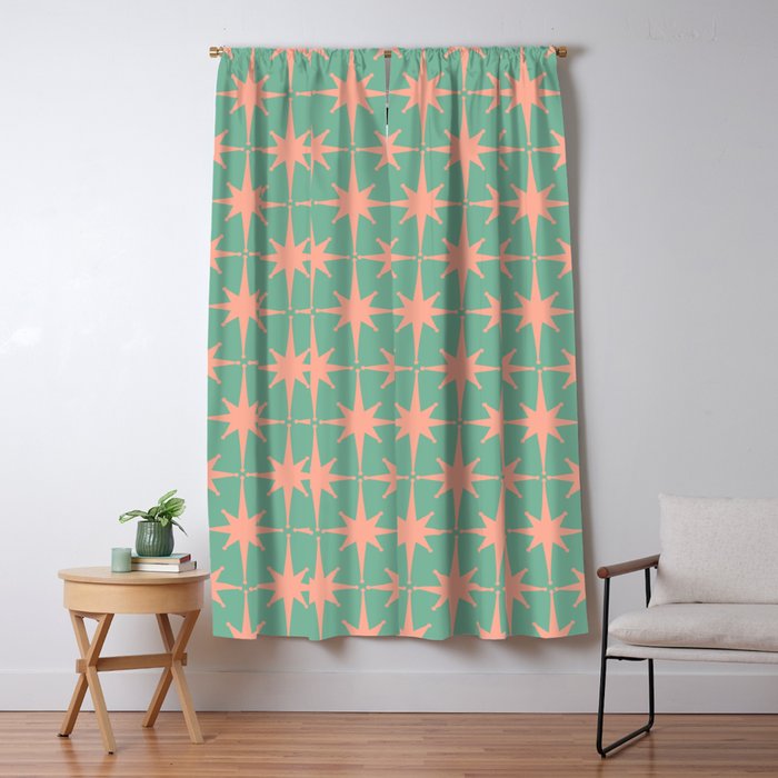 Retro Vintage Atomic Age 50s Star Pattern in Pink and Mint Teal Window Curtain Gallery Image 5