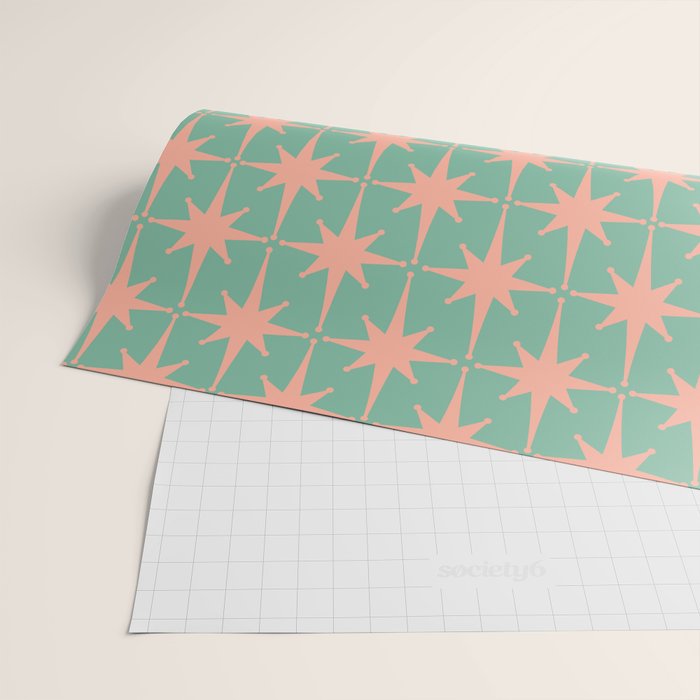 Retro Vintage Atomic Age 50s Star Pattern in Pink and Mint Teal Wrapping Paper Gallery Image 2