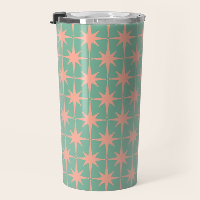 Retro Vintage Atomic Age 50s Star Pattern in Pink and Mint Teal Travel Mug Gallery Image 3
