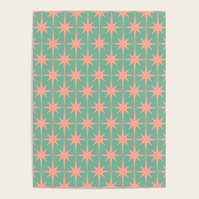 Retro Vintage Atomic Age 50s Star Pattern in Pink and Mint Teal Poster Gallery Image 4
