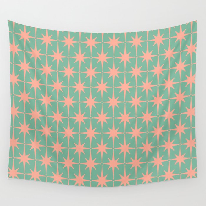 Retro Vintage Atomic Age 50s Star Pattern in Pink and Mint Teal Wall Tapestry Gallery Image 4