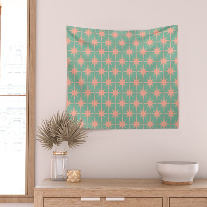 Retro Vintage Atomic Age 50s Star Pattern in Pink and Mint Teal Wall Tapestry Gallery Image 2
