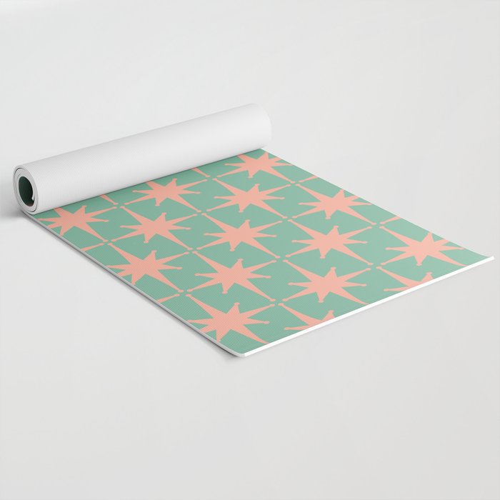 Retro Vintage Atomic Age 50s Star Pattern in Pink and Mint Teal Yoga Mat Gallery Image 2