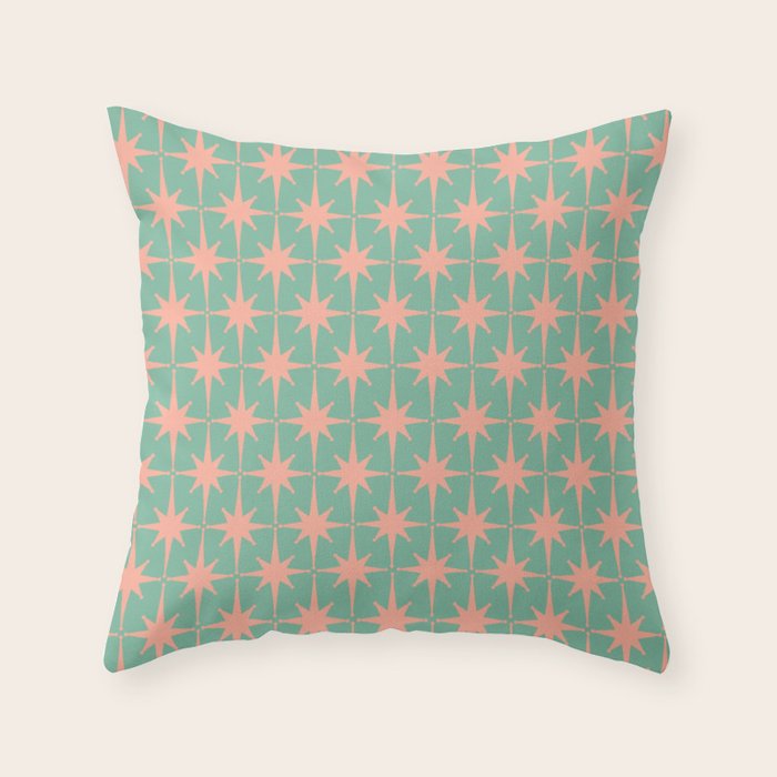 Retro Vintage Atomic Age 50s Star Pattern in Pink and Mint Teal Throw Pillow Gallery Image 1