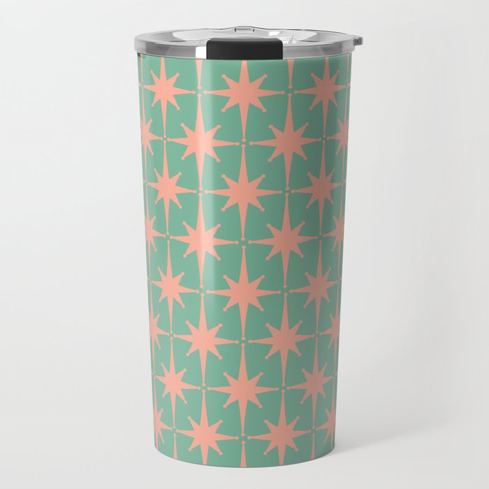 Retro Vintage Atomic Age 50s Star Pattern in Pink and Mint Teal Travel Mug Gallery Image 1