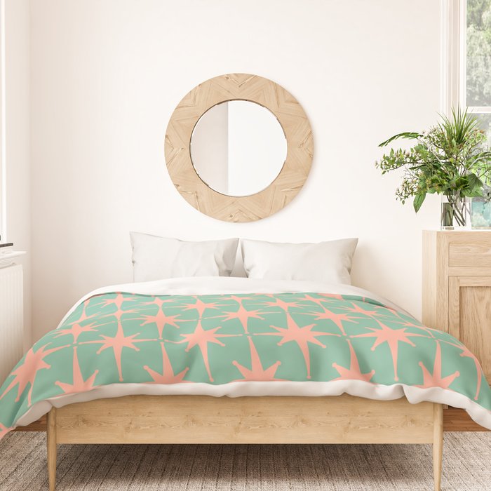 Retro Vintage Atomic Age 50s Star Pattern in Pink and Mint Teal Duvet Cover Gallery Image 3